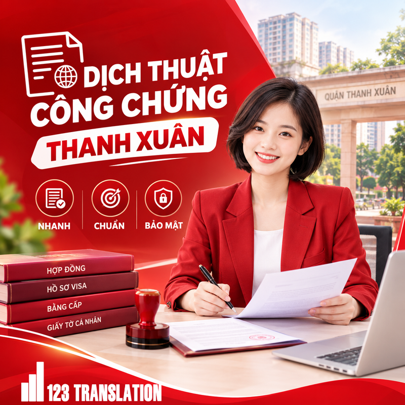 Dịch thuật công chứng Thanh Xuân chuyên nghiệp, nhanh chóng, chính xác và bảo mật. Hỗ trợ dịch giấy khai sinh, CCCD, bằng cấp, hồ sơ visa, du học và nhiều loại giấy tờ khác.